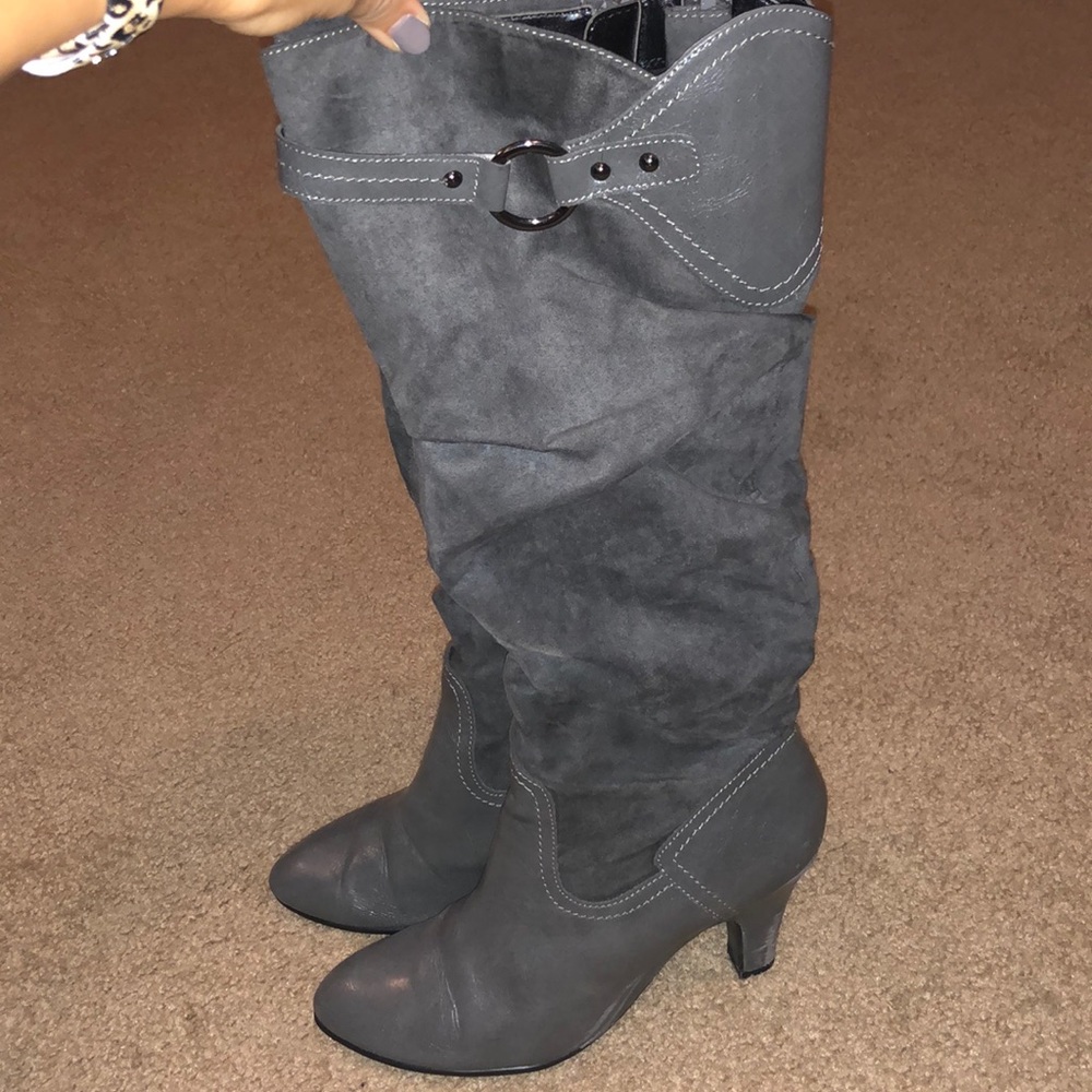 Gray knee high slouched boot